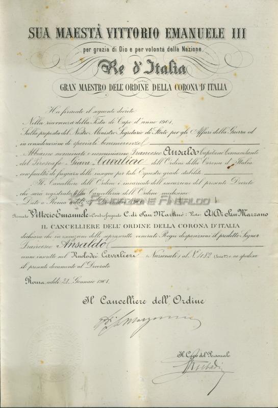 Nomina a Cavaliere dell&#039;Ordine della Corona d&#039;Italia