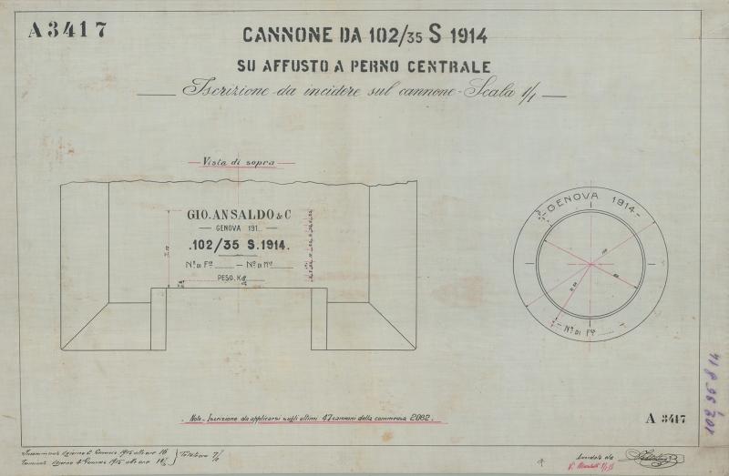 Costruzione 102/35 S.1914 - Iscrizione da incidere sul cannone