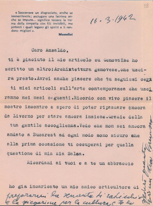 Lettera di Giovanni Comisso inviata a Giovanni Ansaldo, 16 - 3 - 1942
