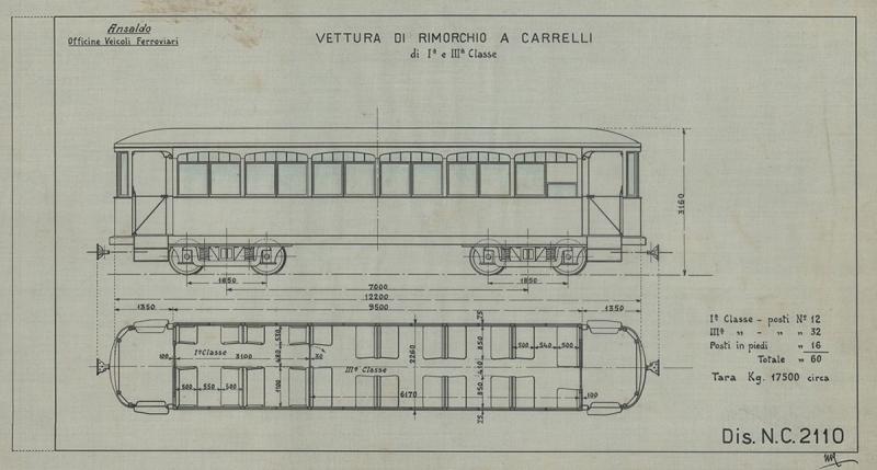 Vettura di rimorchio a carrelli di prima e terza classe