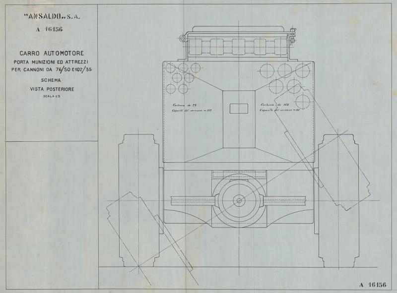 Carro automotore porta munizioni e attrezzi per cannoni da 76/50 e 102/35 - Vista posteriore