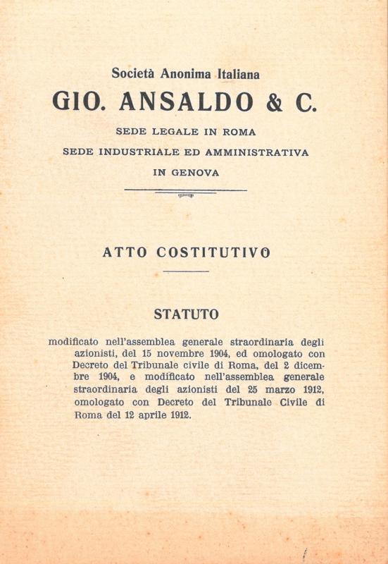 Gio. Ansaldo &amp; C. - atto costitutivo e statuto