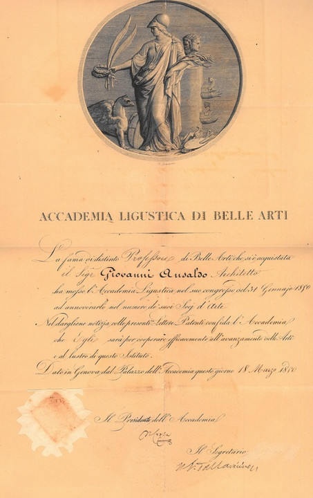 &quot;Attestato d&#039;ammissione all&#039;Accademia delle belle arti di Genova di Giovanni Ansaldo&quot;