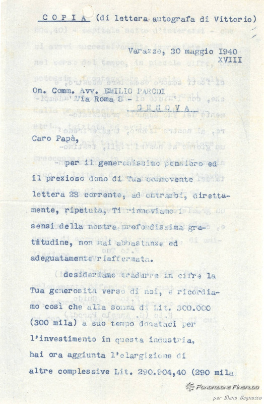 Famiglia Parodi -  Copia di lettera autografa di Vittorio Parodi al padre Emilio