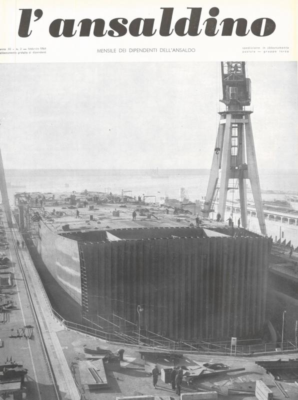 Il montaggio, nello scalo - bacino n. 3 del Cantiere di Sestri, dello scafo prefabbricato della " Costruzione n. 1596" quarta unità della serie di sei motocisterne da 48 mila tonnellate di p. I per la "Sudoimport" di Mosca.