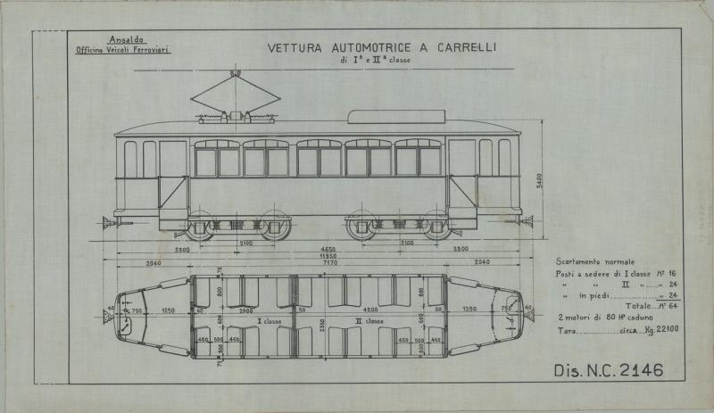 Vettura automotrice a carrelli di prima e seconda classe
