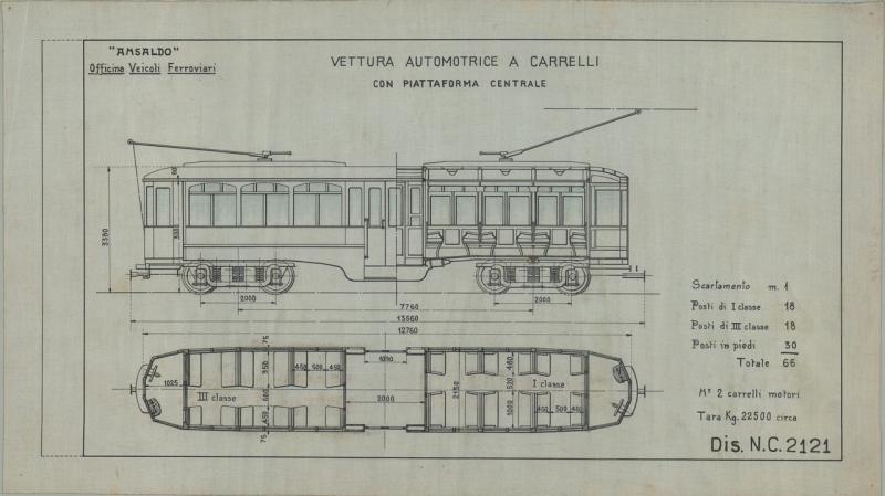 Vettura automotrice a carrelli con piattaforma centrale