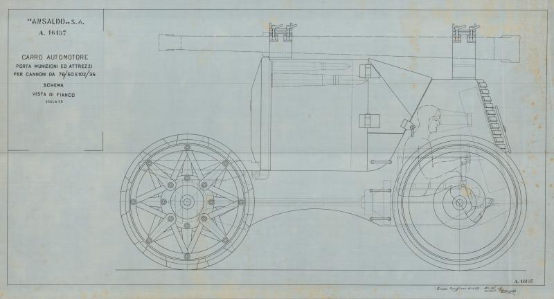 Carro automotore porta munizioni e attrezzi per cannoni da 76/50 e 102/35 - Vista di fianco